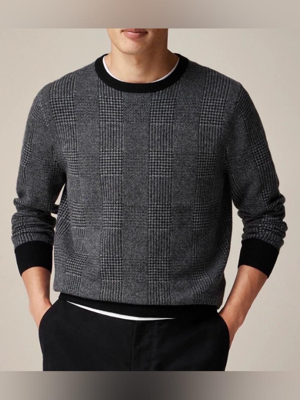NWOT NEW Men's J.Crew Black 100% Cashmere Crewneck Sweater in Plaid Size: M